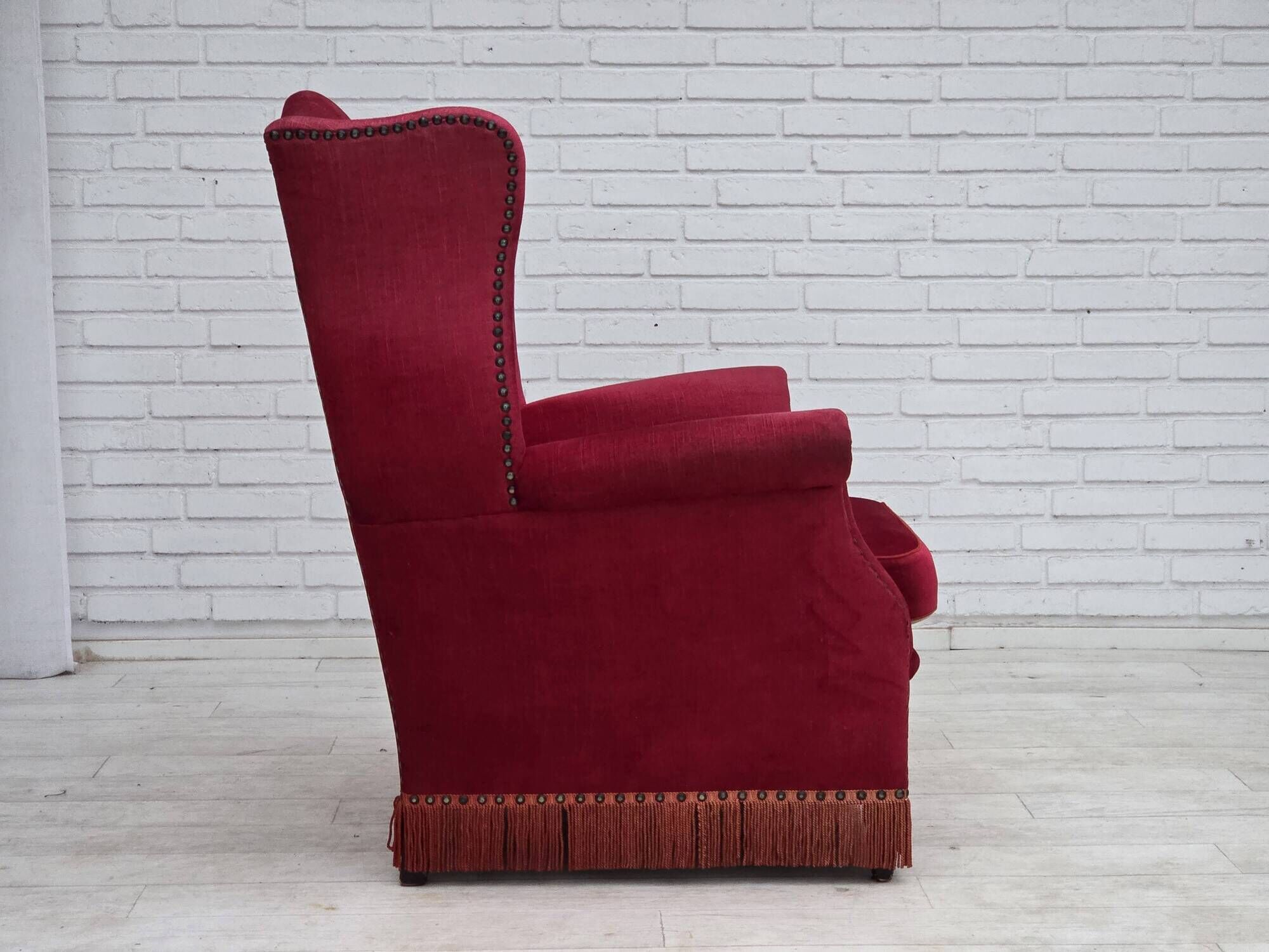1970s, Danish highback armchair, furniture velour, ash wood legs.