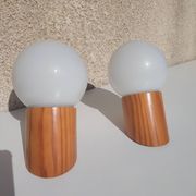 Pair of vintage wall lights in varnished pine and opal glass, 1970s-80s.