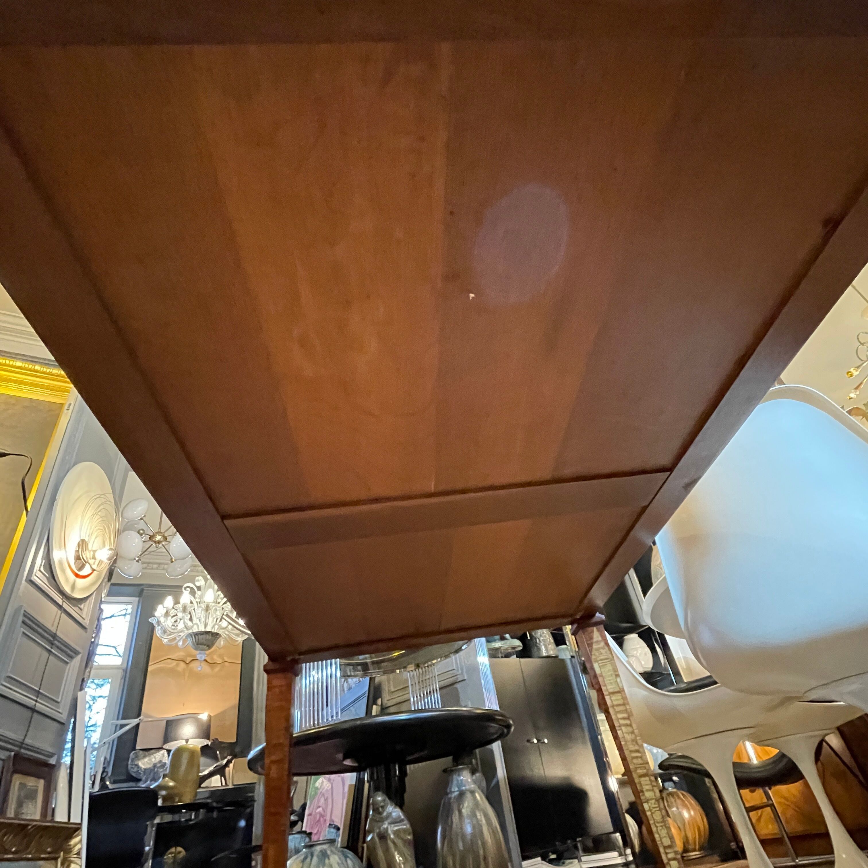 Louis XVI Directoire desk table richly inlaid, brass belt and 2 drawers, 19th century