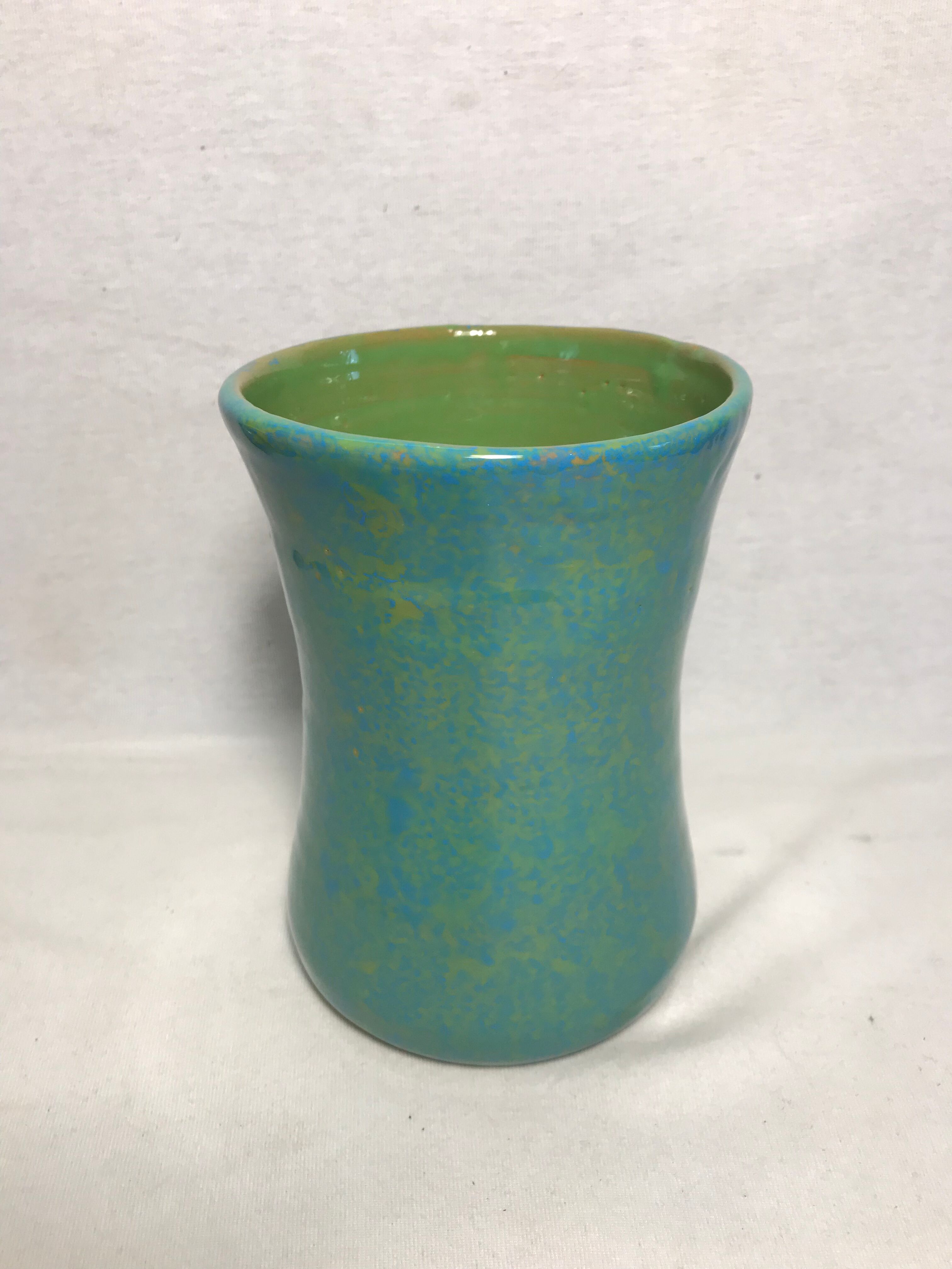 Old green blue decoration ceramic vase signed vintage