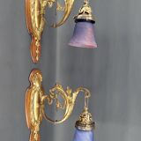 Pair of Rococo / Louis XV wall lights in gilded bronze, walnut bases and glass tulips, France, Circ