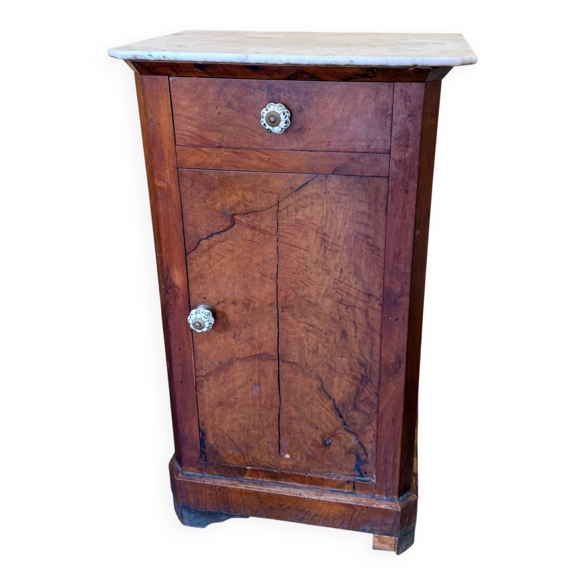 Wood and marble side table with ceramic handles.