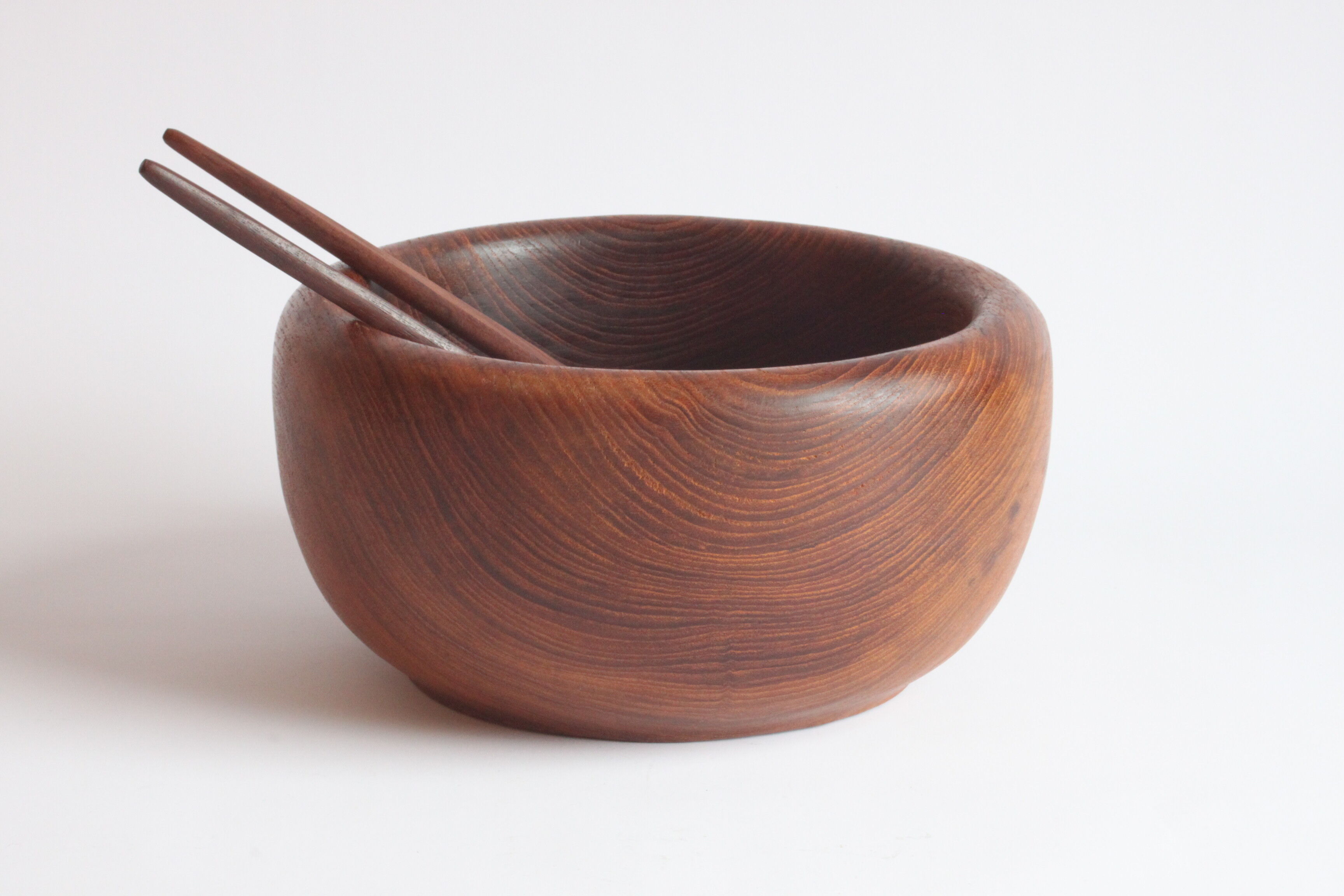 Solid teak wooden bowl and salad spoons, 1960