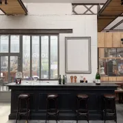 Immense bar counter covered with blue stone.