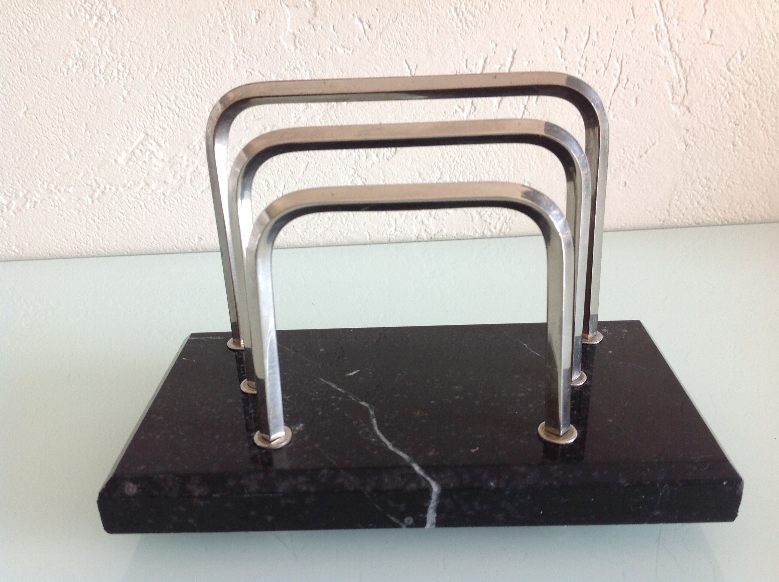 Letter holder in black marble and chrome metal art deco style