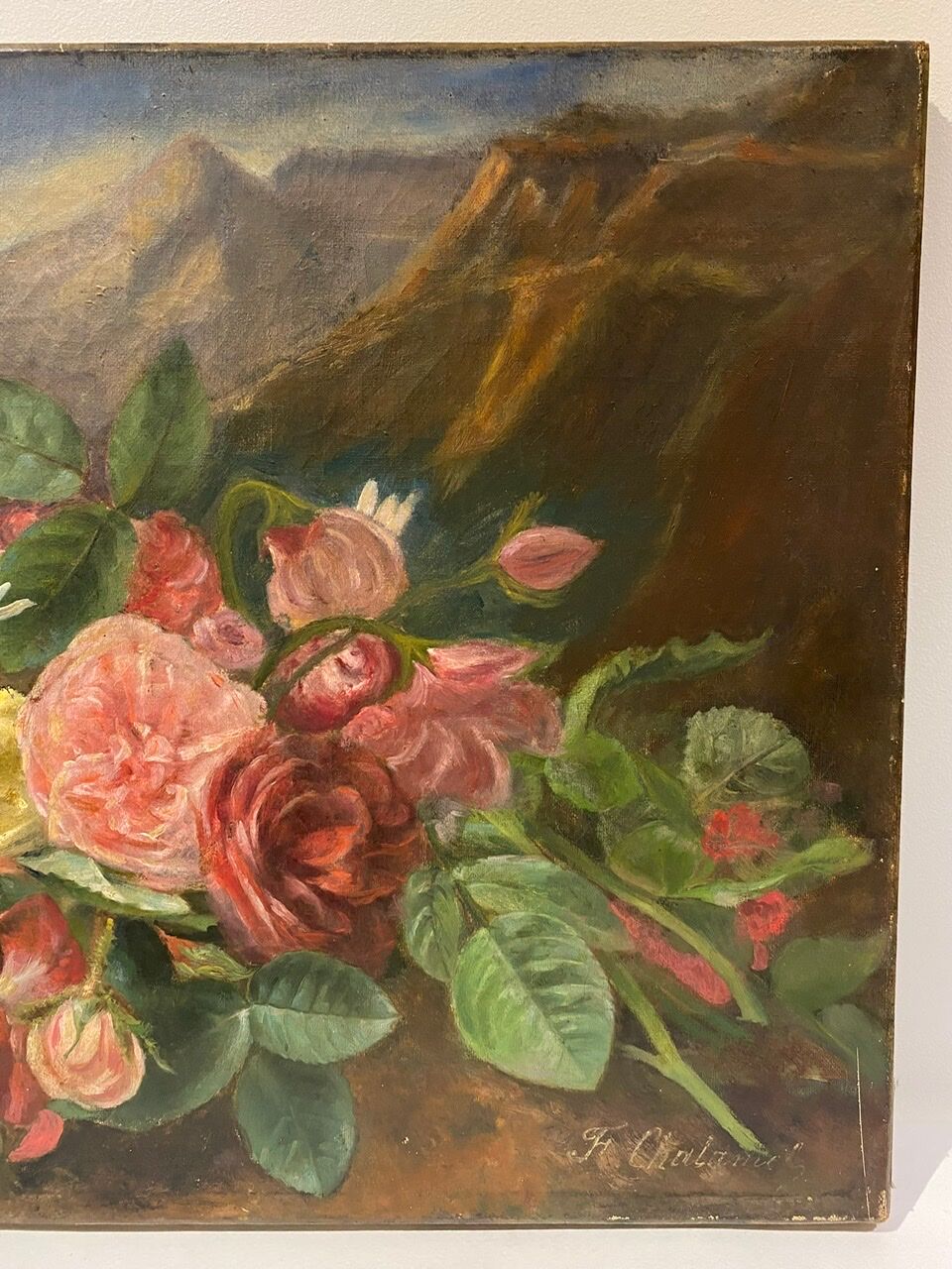 Old painting, still life with daisy roses and wild flowers, signed, early XX century