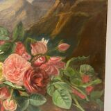 Tableau ancien, nature morte aux roses pâquerettes et fleurs sauvages, signé, début XX siècle