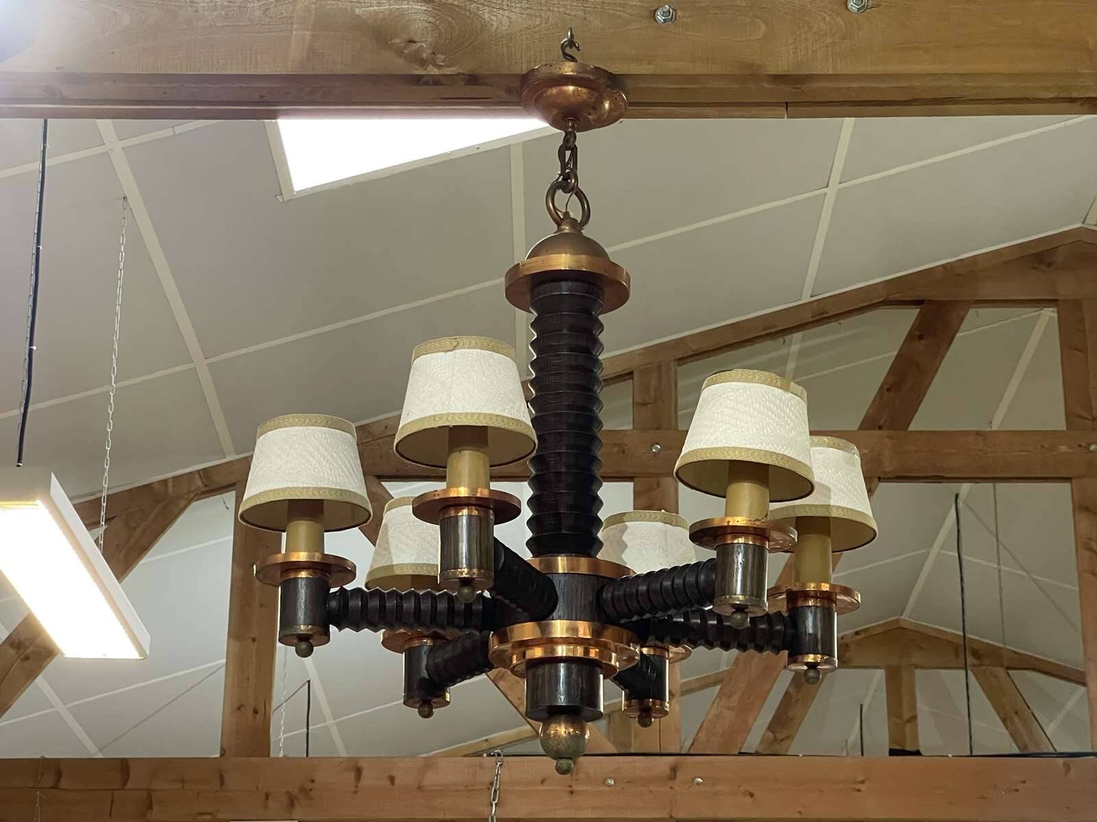 6-light oak chandelier from the 50s