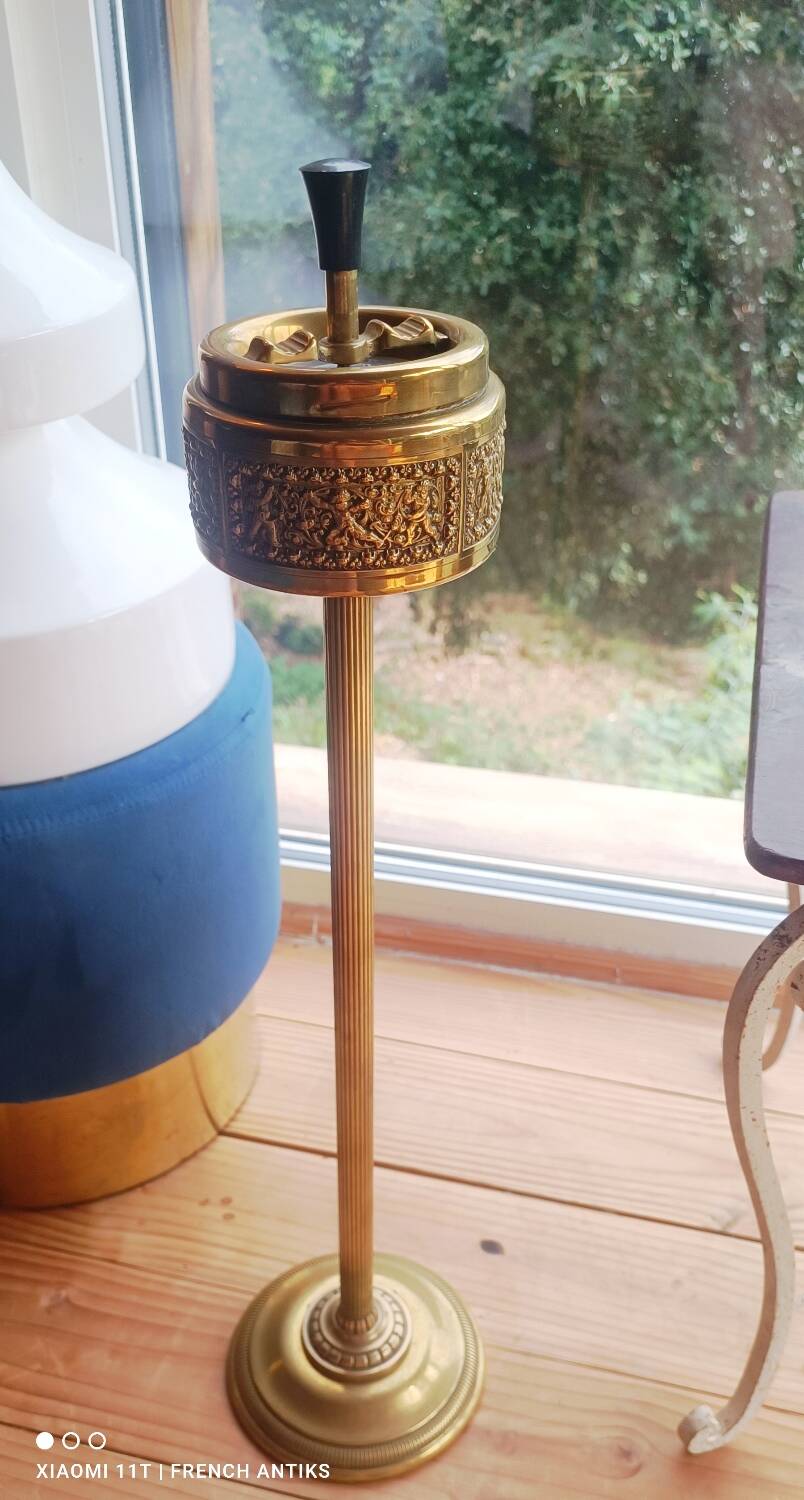 Vintage 1950s carved copper ashtray on stand. Handmade. Sublime