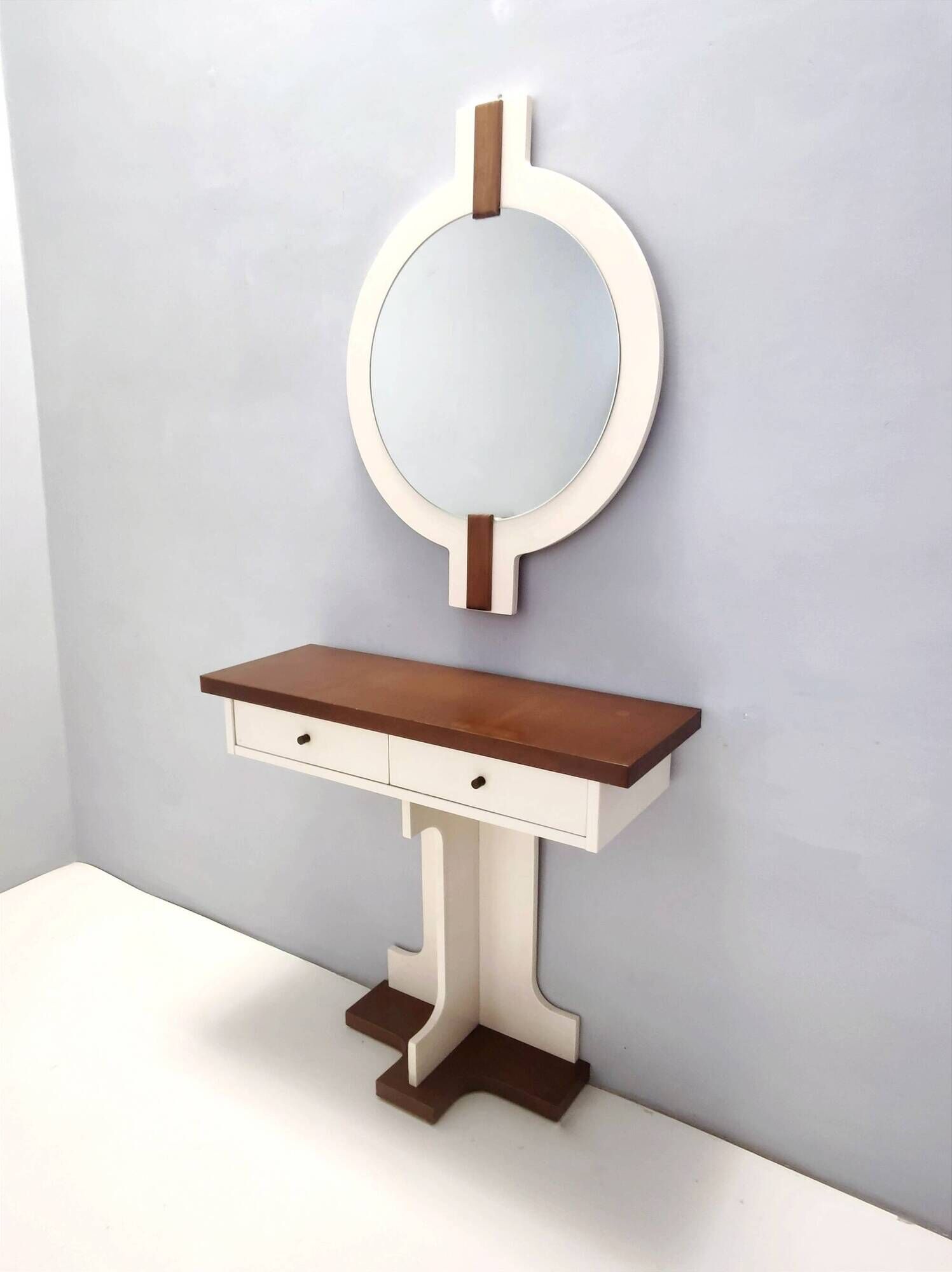 Postmodern Ivory Lacquered Walnut Wall Mirror and Console Table, Italy