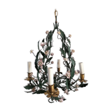 Lustre cage tôle et fleurs émaillées 19ème siècle