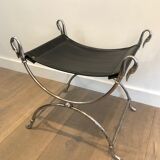 Tabouret curule en acier argenté de style néoclassique à têtes de cygne
