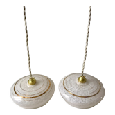 Pair of suspensions in white Clichy glass and golden edging 40s-50s