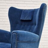 Années 1960, fauteuil relax danois à dossier haut, état d'origine, meuble en velours bleu.