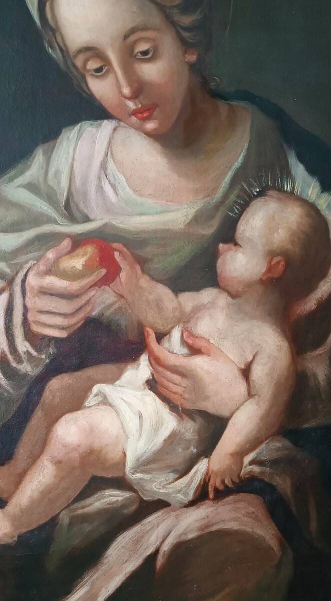 Peinture à l'huile ancienne sur toile, Vierge à l'Enfant, XVIIIe siècle