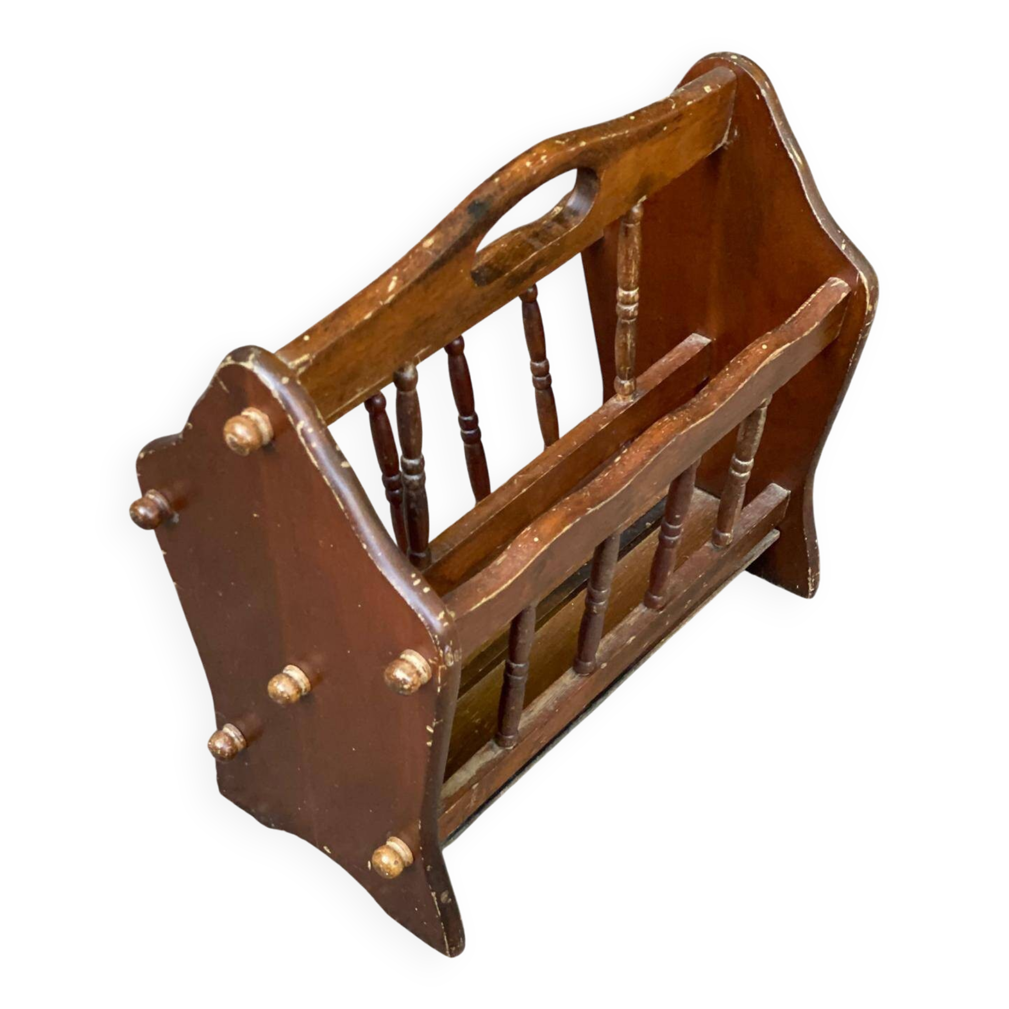 Vintage magazine rack, solid wood document holder with handle