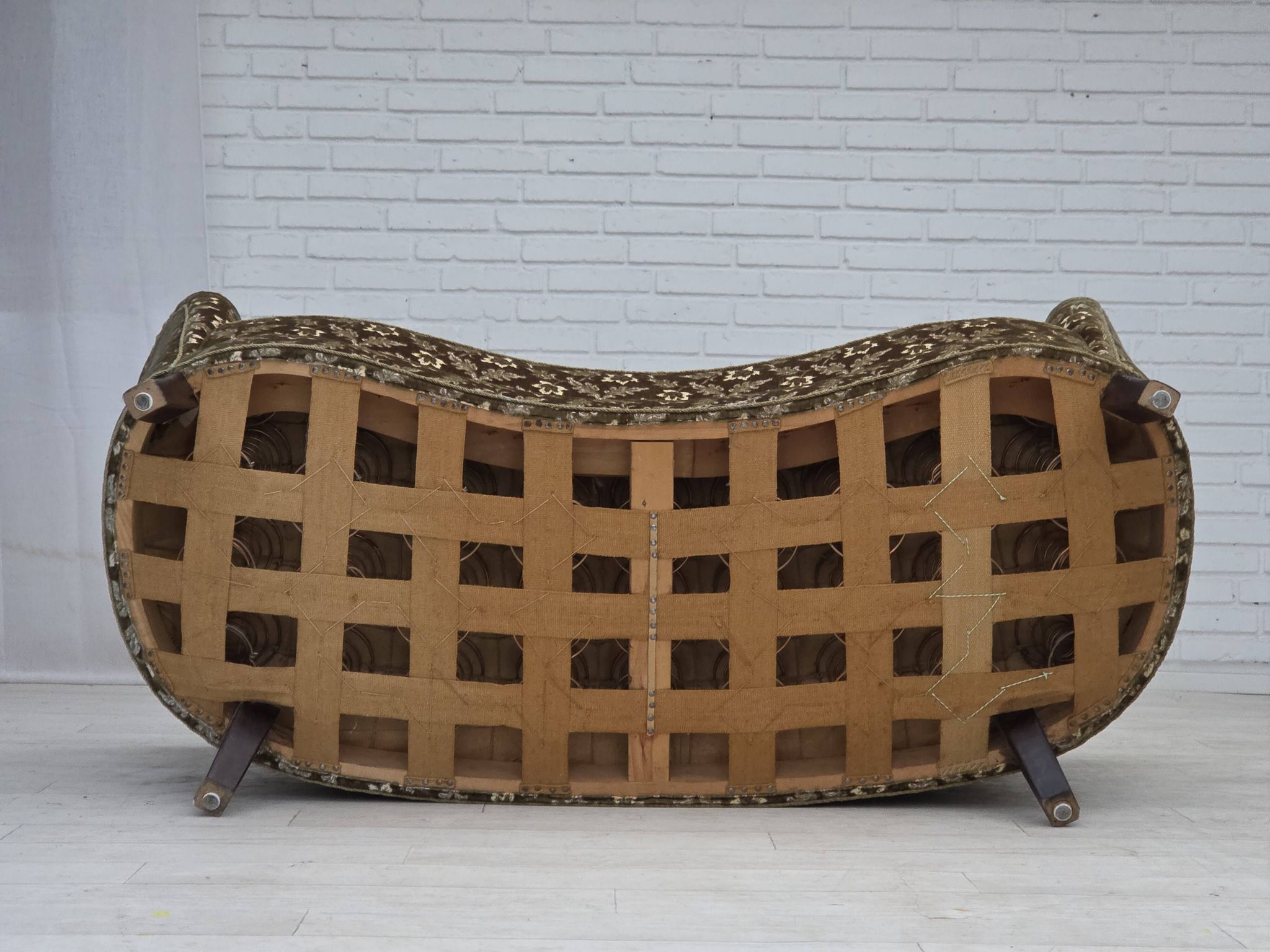 1960s, Danish curved 2-seater sofa, green furniture velour, beech wood.