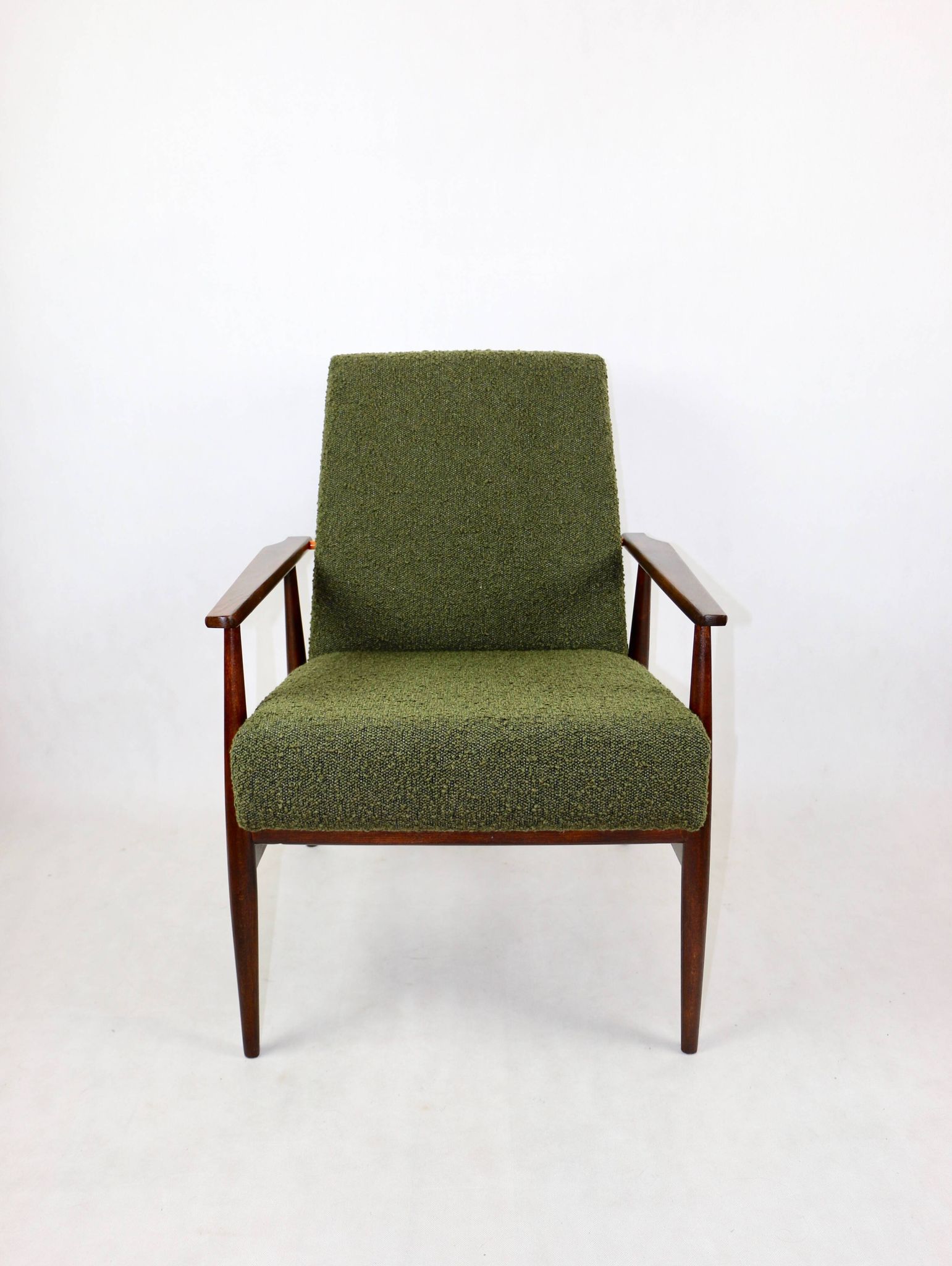 Armchair 'Lis', 1970s olive boucle, design by Henryk Lis - 2 pieces available