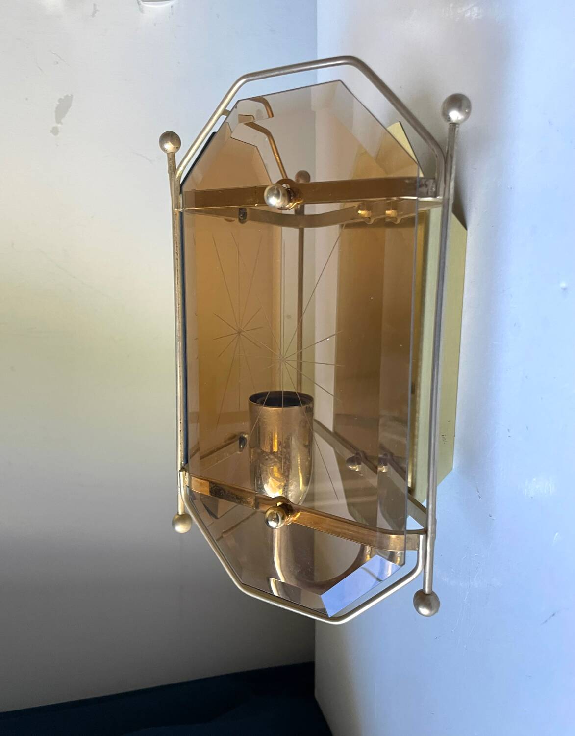 Scandinavian Vintage  wall light Sconce in Brass & Amber colored Glass
