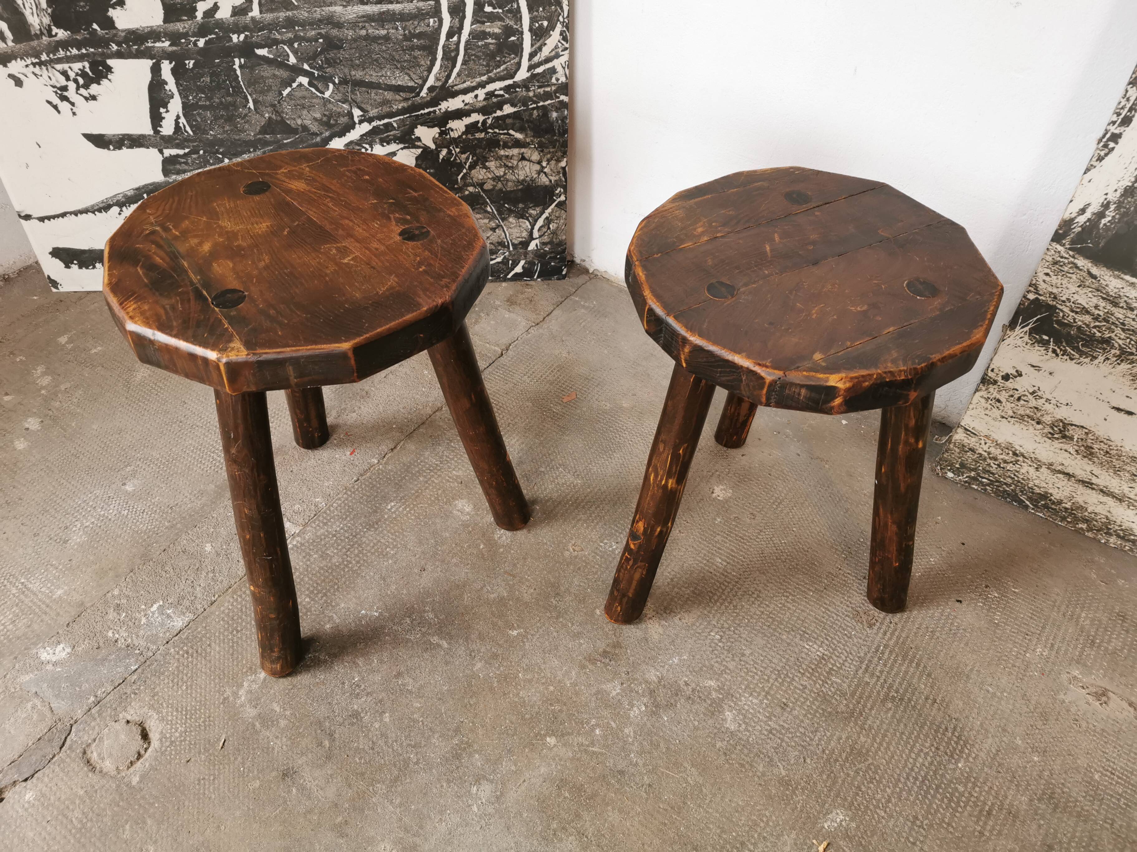Pair of brutalist wooden stools
