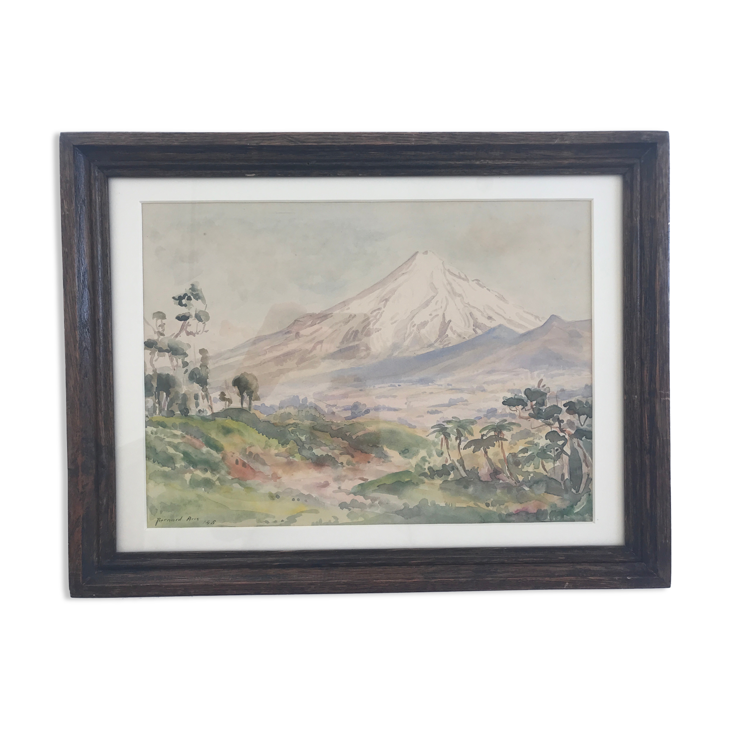 Watercolour signed by bernard aris, mount taranaki, new plymouth park, 1948