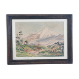 Watercolour signed by bernard aris, mount taranaki, new plymouth park, 1948