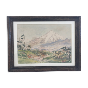Watercolour signed by bernard aris, mount taranaki, new plymouth park, 1948