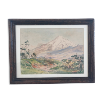 Watercolour signed by bernard aris, mount taranaki, new plymouth park, 1948