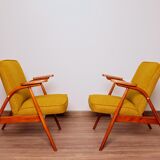 MID Century Armchair Ocher Yellow Wool, Turned Legs, 1960s
