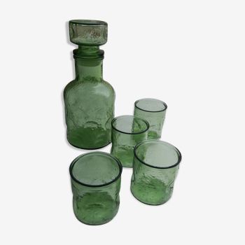 Carafe verte en vert bullé et verres assortis vintage