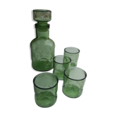 Green carafe in green bulb and assorted vintage glasses