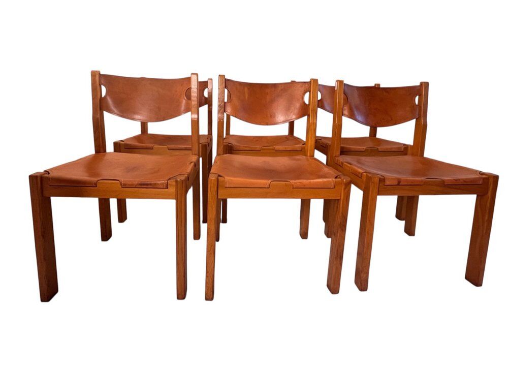 Vintage elm and leather chairs by Maison Regain, 1970s, set of 6.