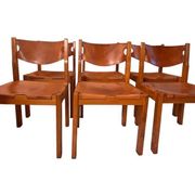 Chaises vintage en orme et cuir par Maison Regain, années 1970, lot de 6