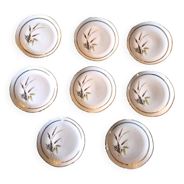 Suite de 8 assiettes à dessert vintage en porcelaine – Motif Épis de blé