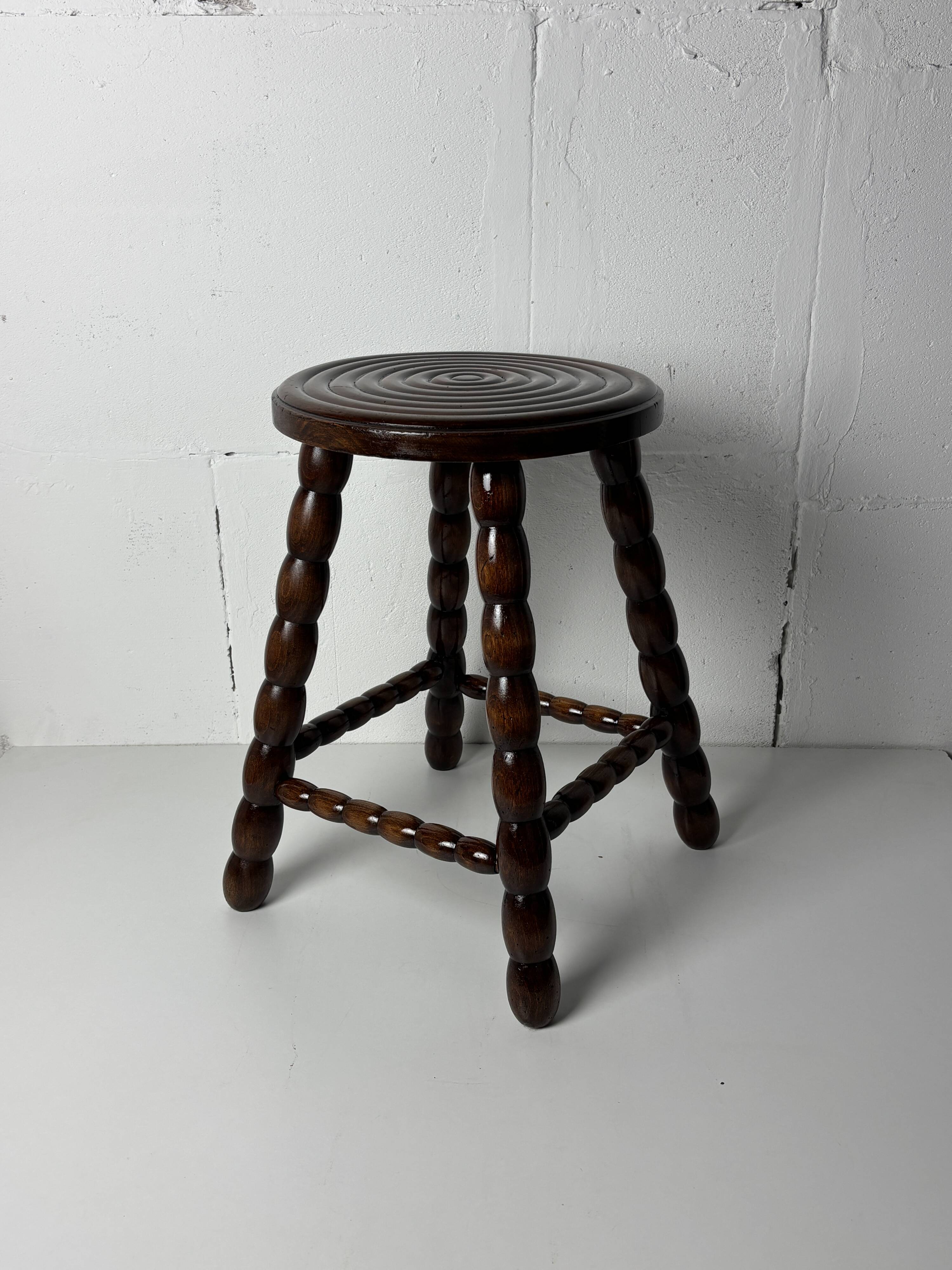 Midcentury bobbin wood turned stool, Charles Dudouyt style, France, 1950s
