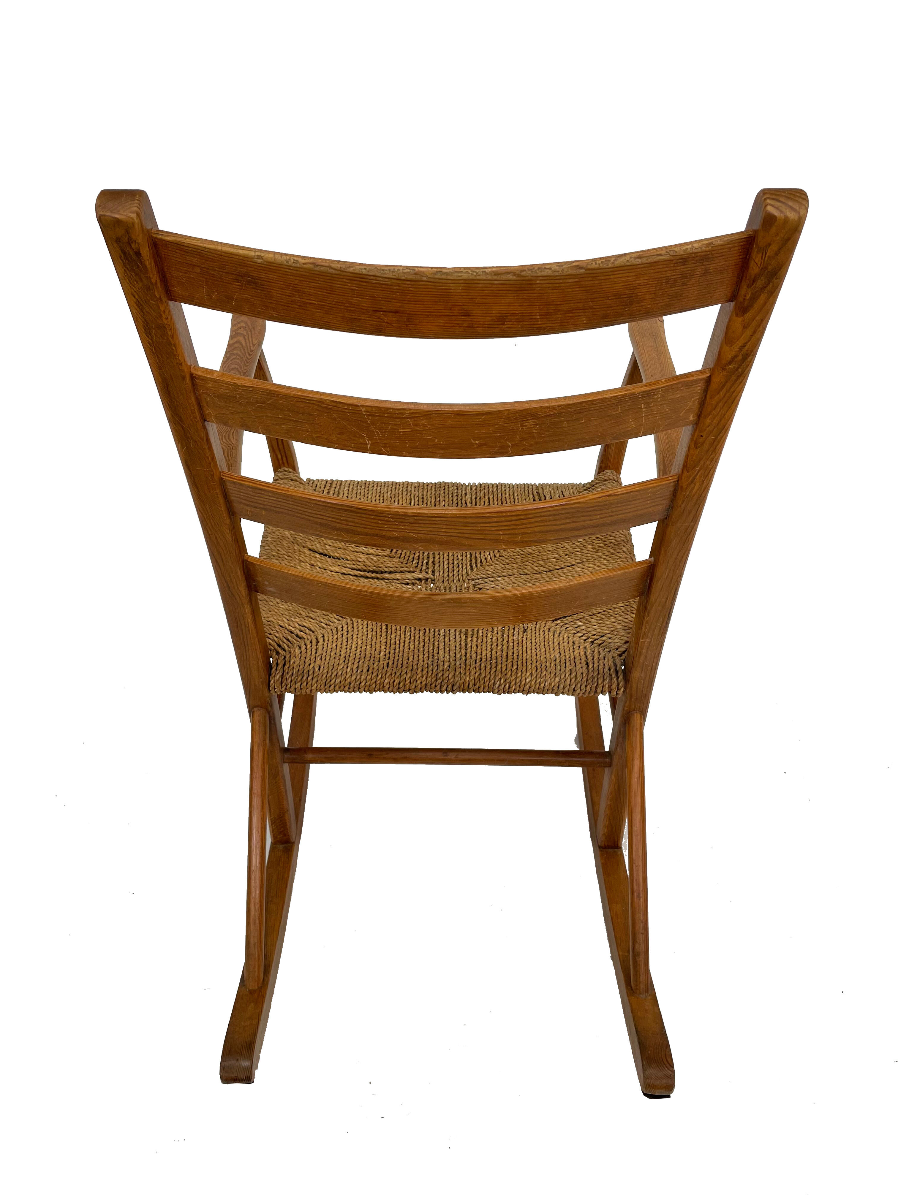 Mid century pine & sisal rocking chair, 1950s