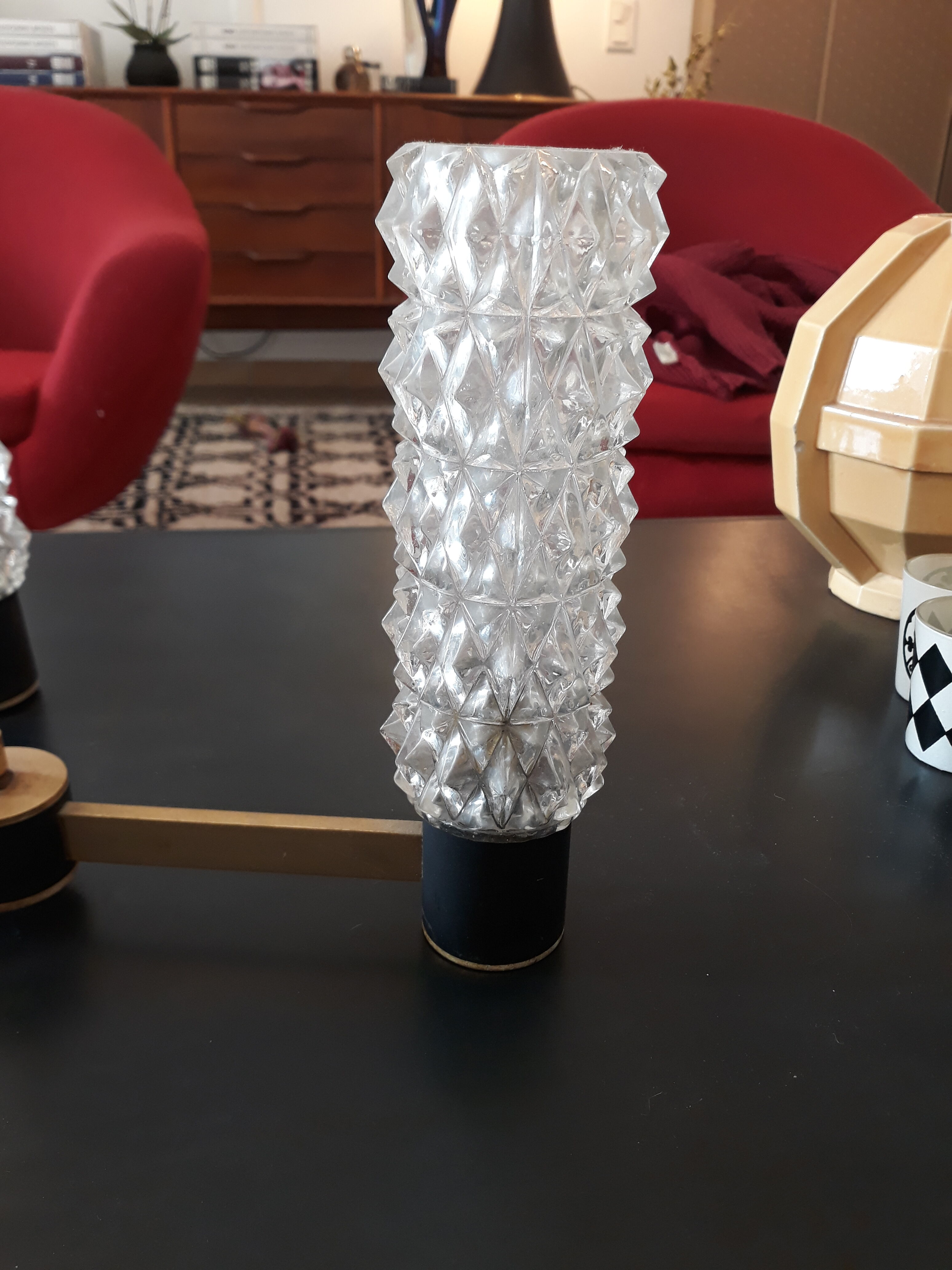 Chandelier 3 arm brass and glass 1960