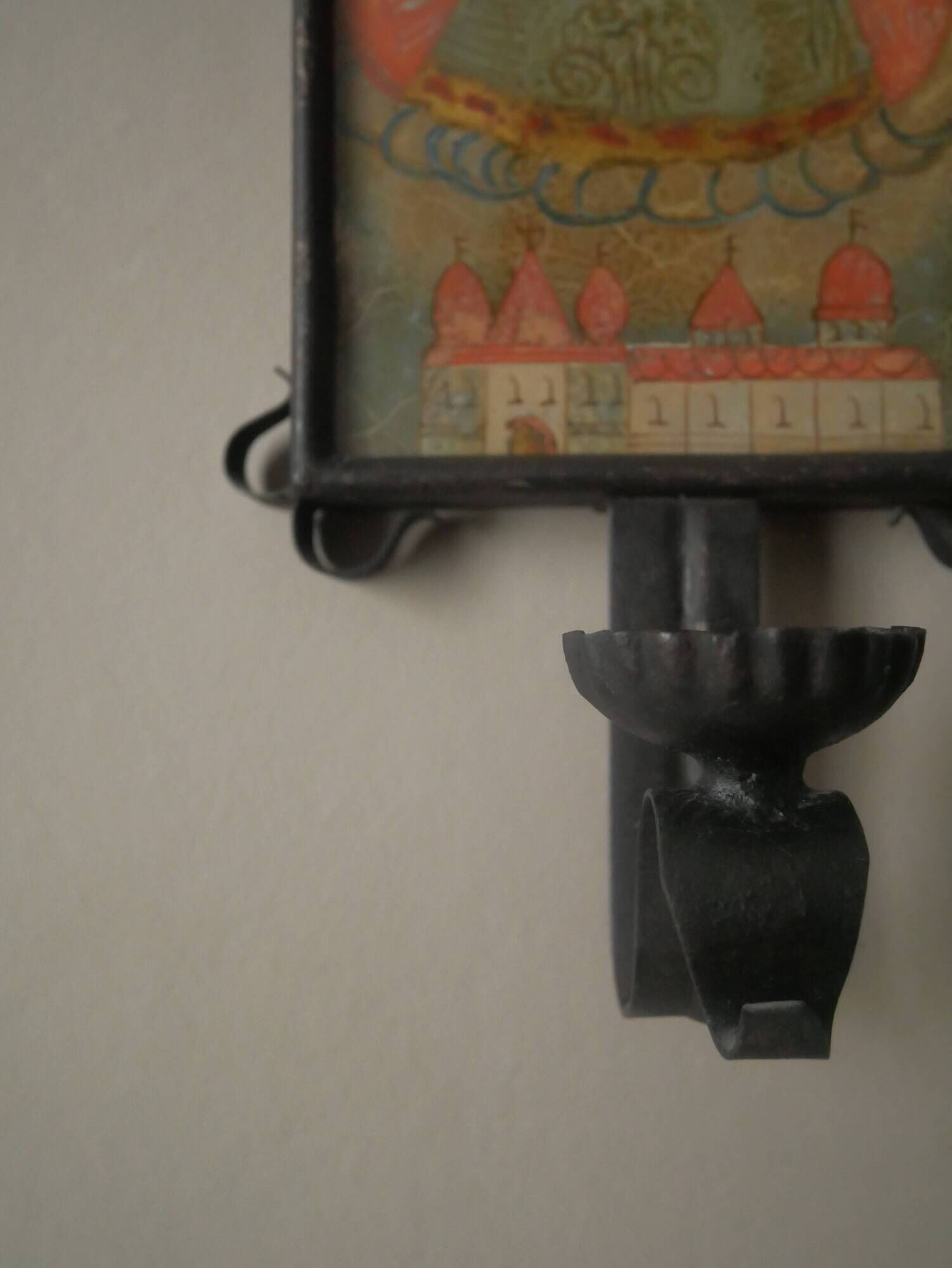 Wall light religious print wrought iron wall candle holder artisanal production countryside
