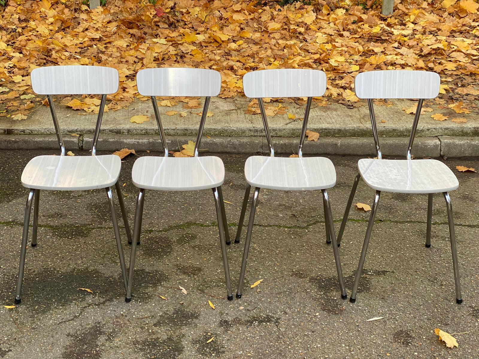 4 beige Formica and steel kitchen chairs from the 1970s