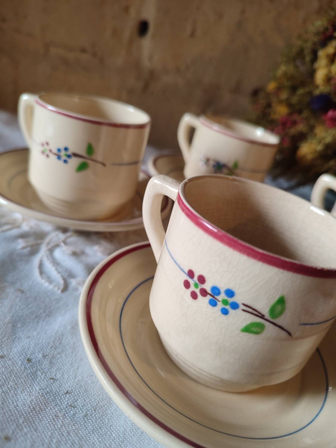 4 iron earth cups and saucers St Amand Moulin des Loups France, Odette model