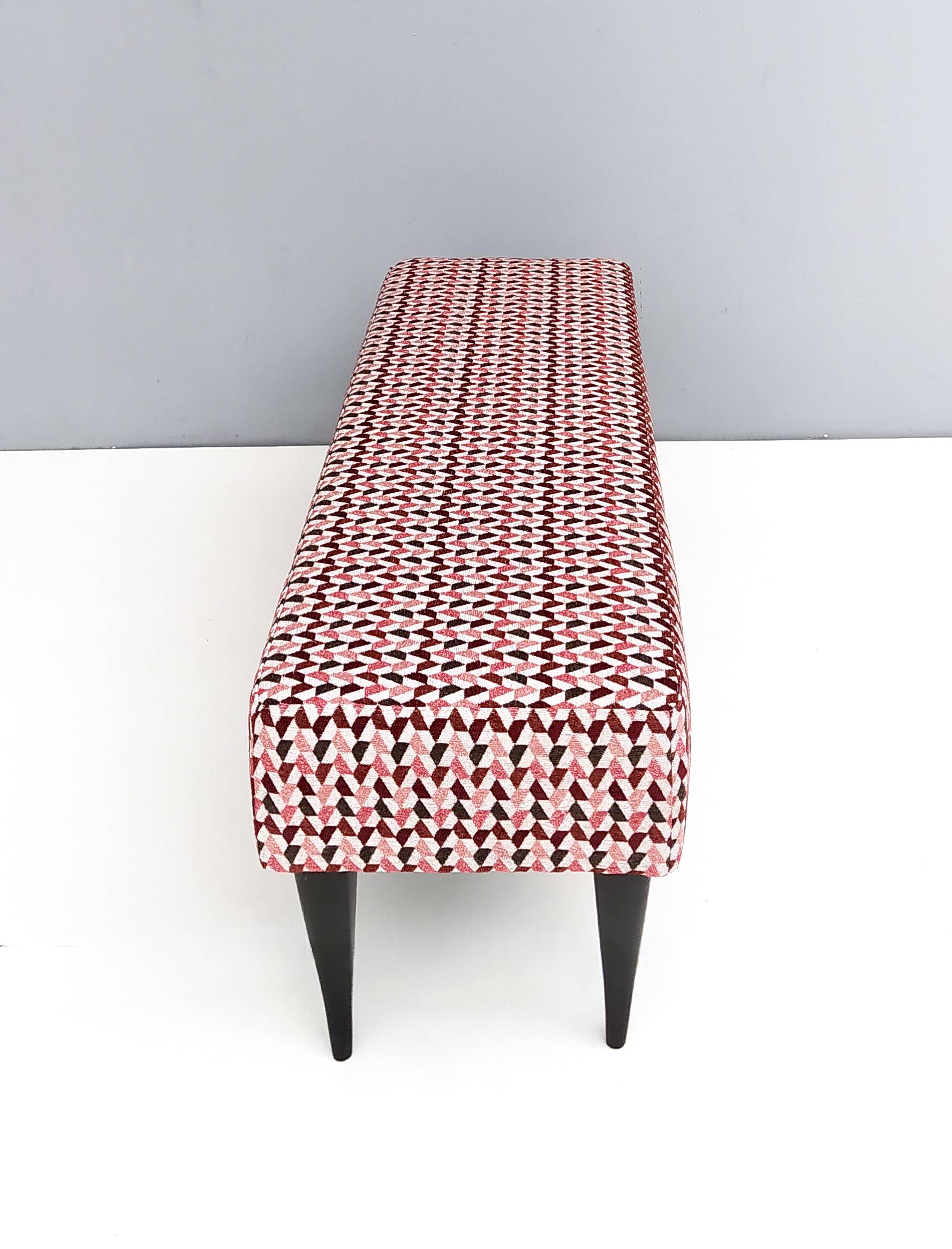 Pair of Benches with Red Patterned Fabric Upholstery, Italy