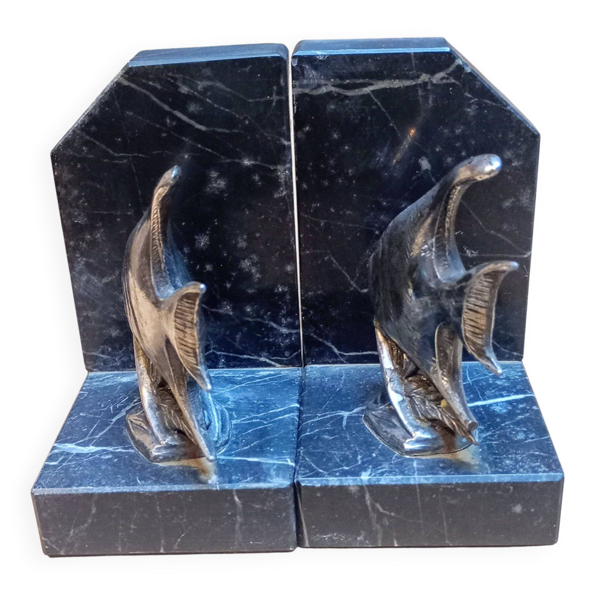 Fish bookends in spelter and marble