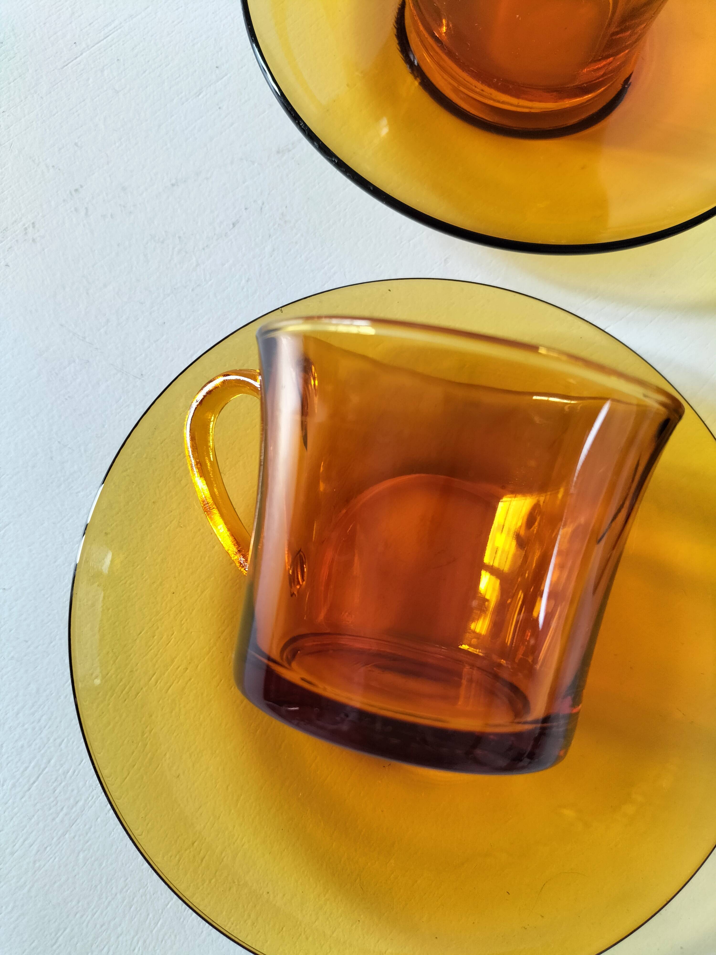 5 vintage amber Duralex cups and saucers