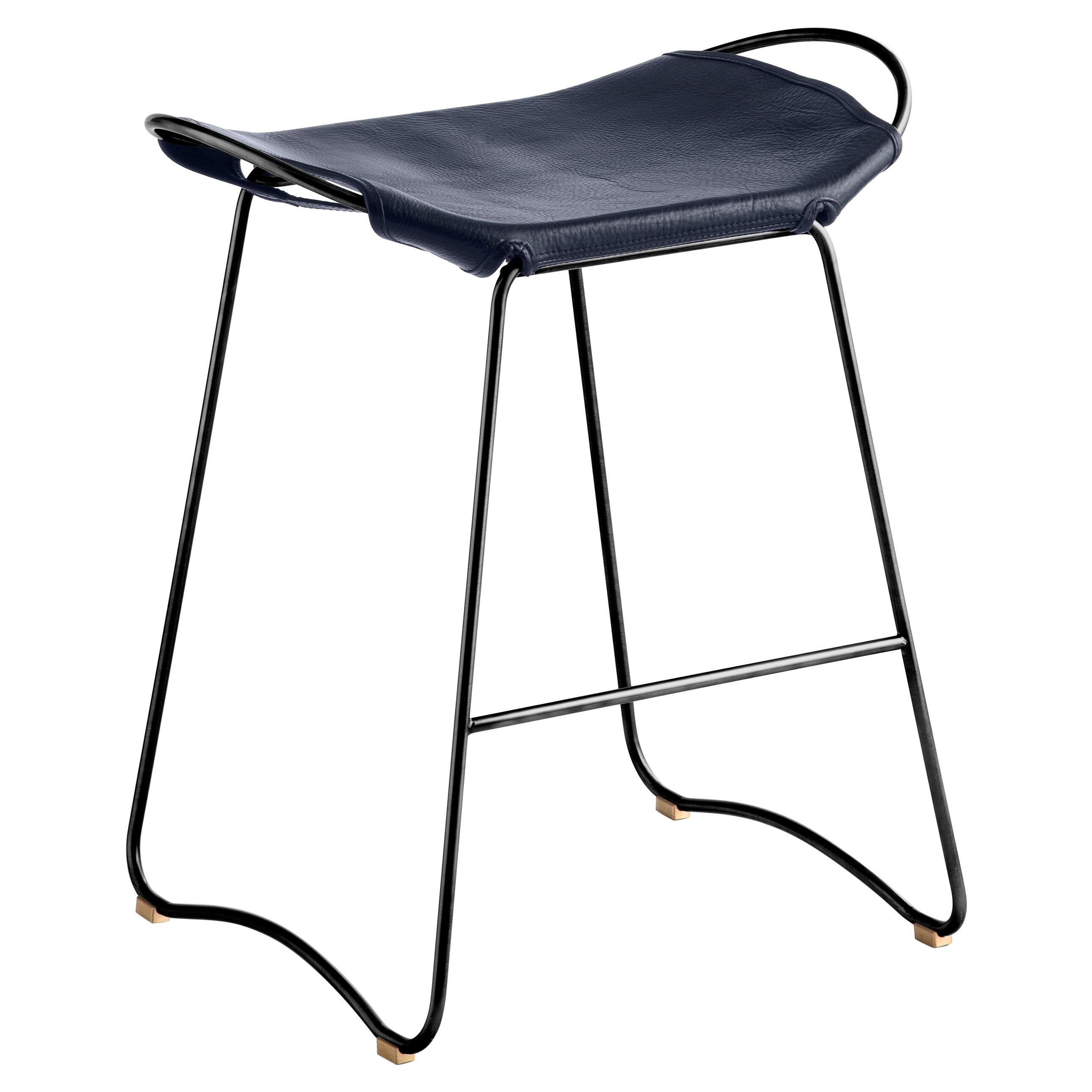 Tabouret de cuisine contemporain Organic Acier noir et cuir bleu marine