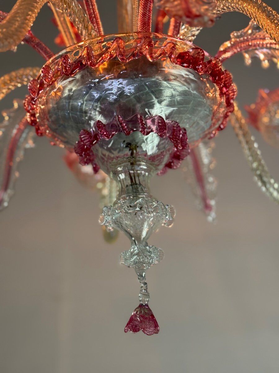 Venetian chandelier in colorless and red Murano glass, 5 light arms, circa 1950
