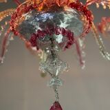 Venetian chandelier in colorless and red Murano glass, 5 light arms, circa 1950