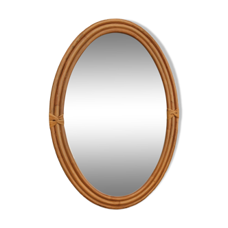 Vintage oval rattan mirror, 1970s