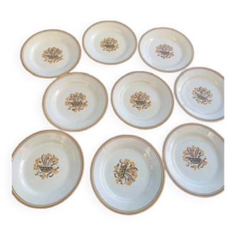 8 flat plates, Carnation model, art deco, CREIL ET MONTEREAU, floral pattern, old