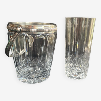 Ice bucket with spoon and glass – cut crystal and silver metal