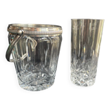 Ice bucket with spoon and glass – cut crystal and silver metal